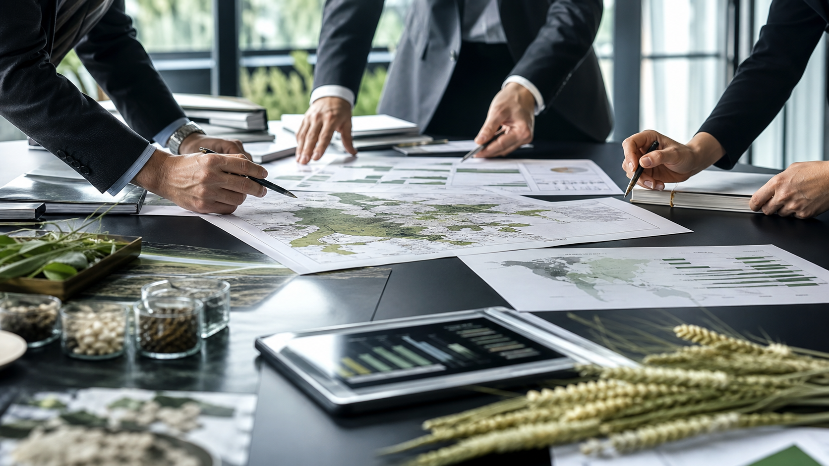 Consultants arranging crop market intelligence documents
